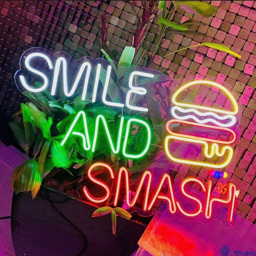 Smile and Smash Burger Neon Sign