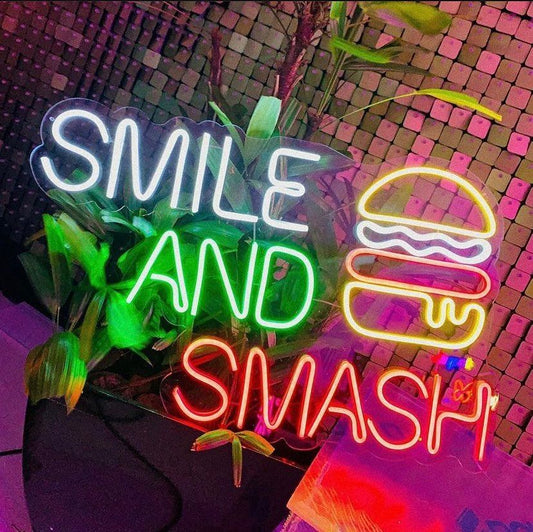 Smile and Smash Burger Neon Sign