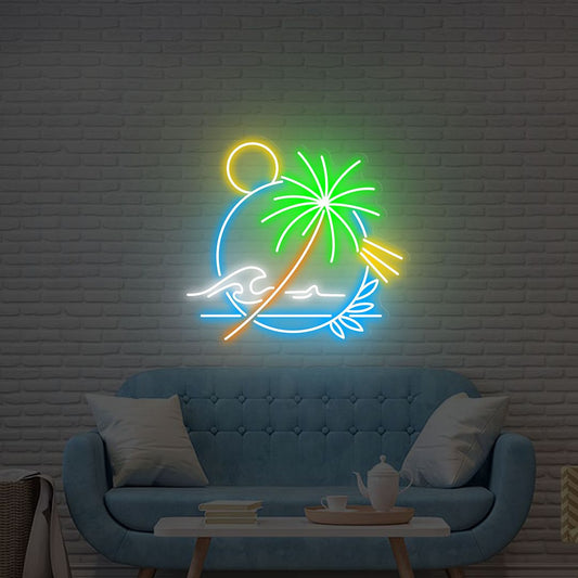 Tropical Beach with Palm Tree Neon Sign