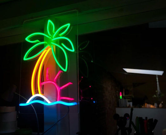 Tropical Palm Tree Sun Ocean Beach Neon Sign