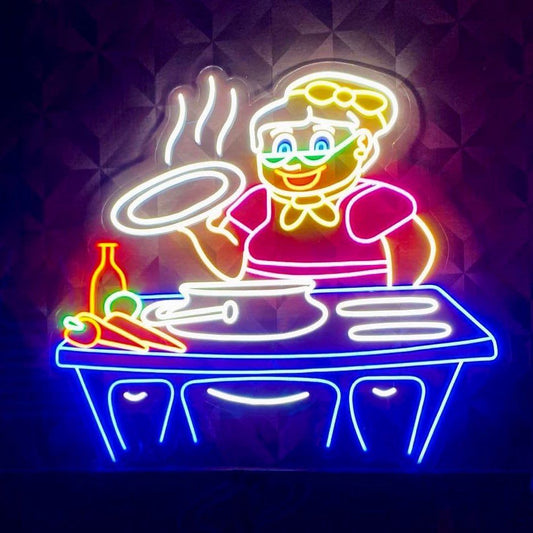 Woman Cooking Food Kitchen Neon Sign